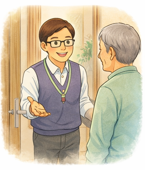 京都市南区でパソコンの状態を確認し安心してもらっているエヌシーオー代表のイラスト